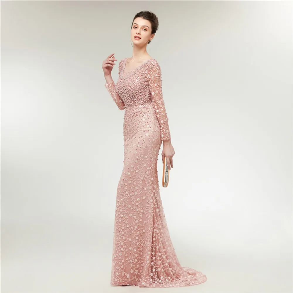 ANTI Saudi Arabic Illusion Pink Mermaid Evening Dress Long 2019 Dubai Turkish Scoop Neck Long Sleeve Backless Evening Gown LM182