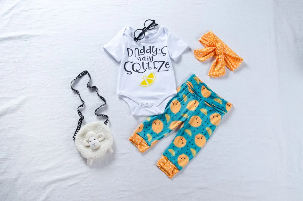 Infant Baby Boy Girl Clothes Set Letter White Romper+Cute Lemon Print Pants+scarf 3pc Lucky Bebe Clothing Sets