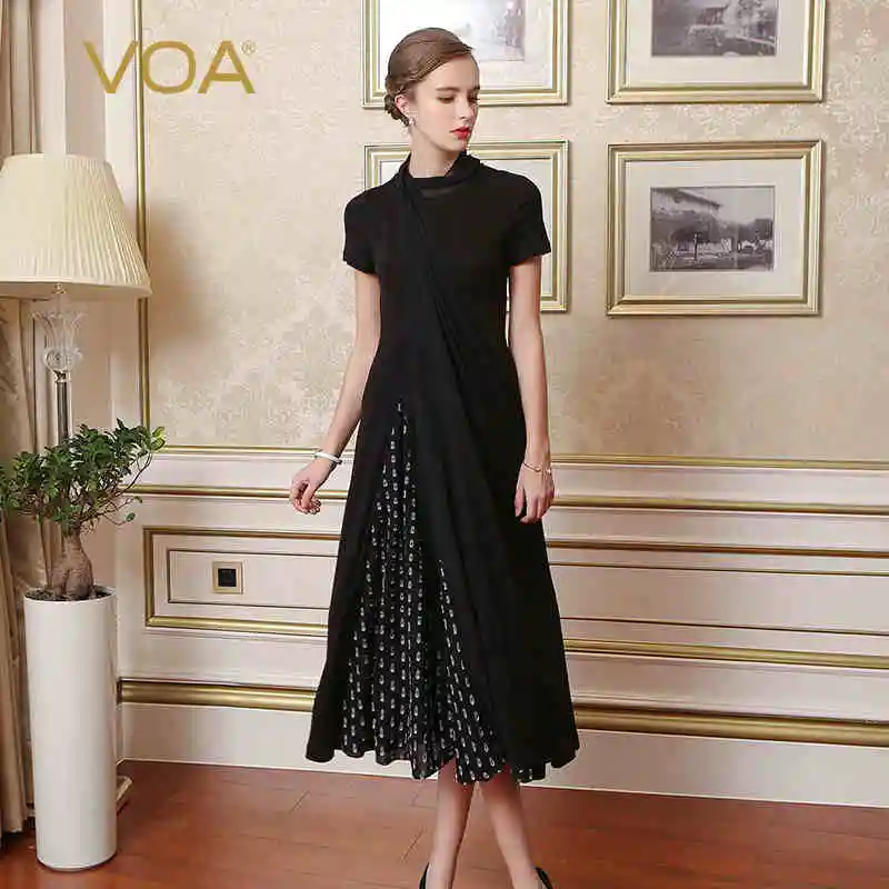 VOA тяжелое шелковое трикотажное платье размера плюс, однотонное черное Короткое женское длинное платье в горошек с коротким рукавом и высоким воротом, повседневное тонкое платье, весна A7651 - Цвет: Черный