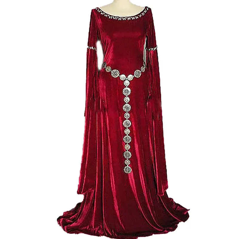 

Adult Lady Medieval Horror Evil Priestess Pagan Witch Costume Long Blue Gown Robe Red Maxi Trained Dress Velvet Outfit For Women