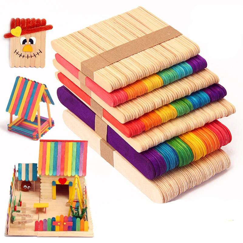 Colorful Hand Crafts 50pcs DIY Wooden Sticks Popsicle Ice Cream Sticks Art  Creative Educational Toys For Children Kids Baby