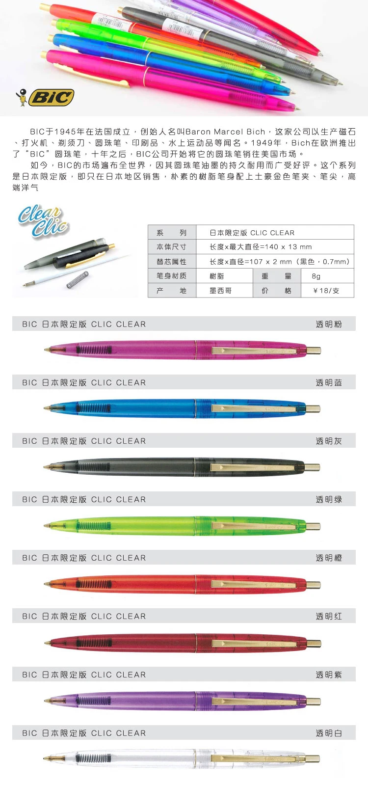 Япония BIC Ограниченная серия цветная прозрачная шариковая ручка 0,7 мм шариковая ручка 1 шт