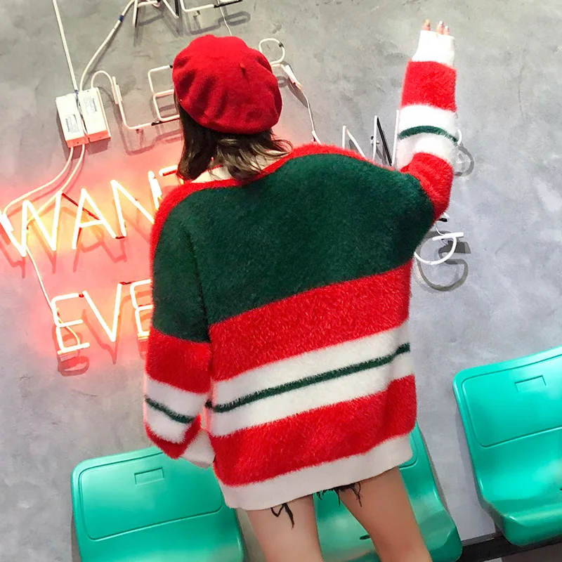 2019 осень зима свитер женский полосатый длинный рукав вязаный свитер свободные женские пуловеры женский Рождественский свитер