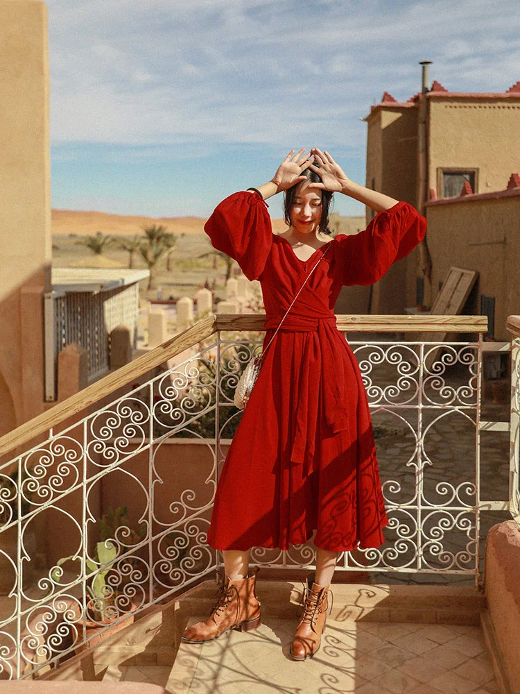 

IRINAY340 2019 ss collection new arrivals women vintage red chiffon dress long