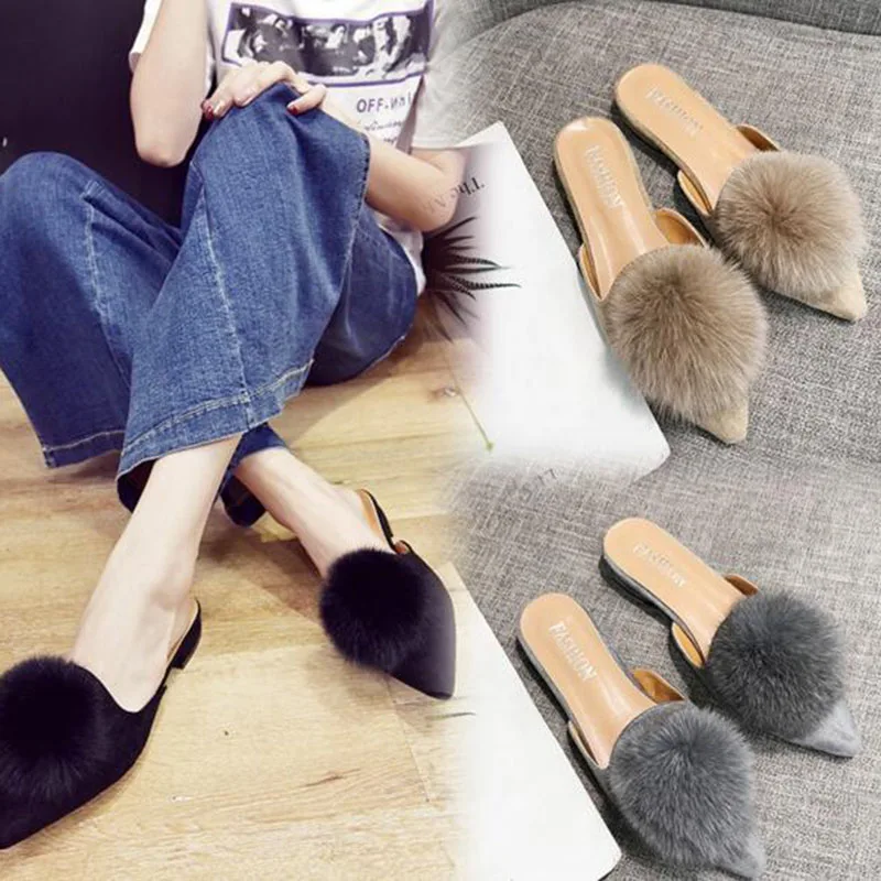 

Women Fashion Pointed Toe Square Low Heels Slipper Shoes,Pointed Toe Shallow Mouth Fur Design Non-slip Breathable Slipper Shoes
