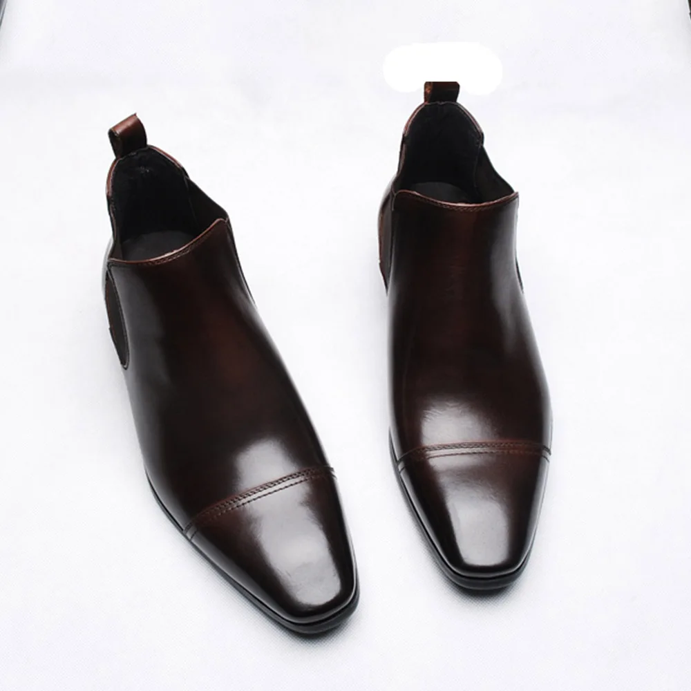 Men&lsquo;s Chelsea Boots Genuine Leather Square Male Cowboy Dress Boots Cap Toe Botte Dark Brown Euro 44 Church Shoes men chelsea boots