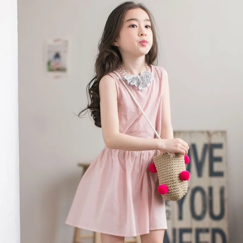 

Back Hollow Baby Girls Big Girls Dresses 100-170cm Summer Casual Teenager Children's Dress Outwear