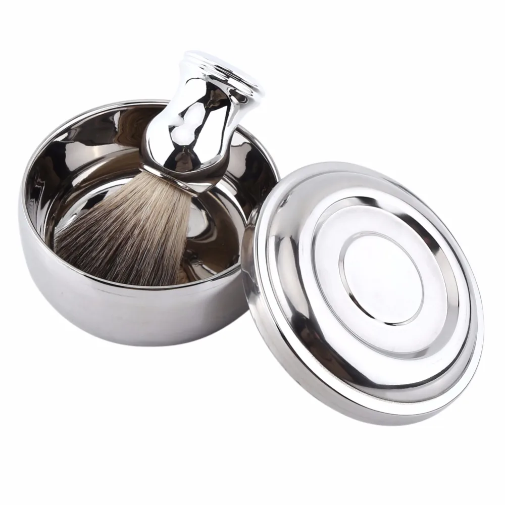 

Alloy Shaving Soap Mug Bowl With Lid + Silver Handle Faux Hair Brush Men Shave Tool Kit