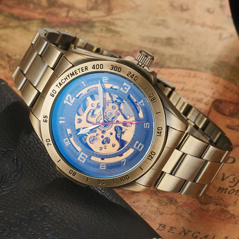 Vintage Men Automatic Mechanical Watch Bronze Case Gold Skeleton Dial Steampunk Leather Self Winding Male Mens Wristwatch Clock