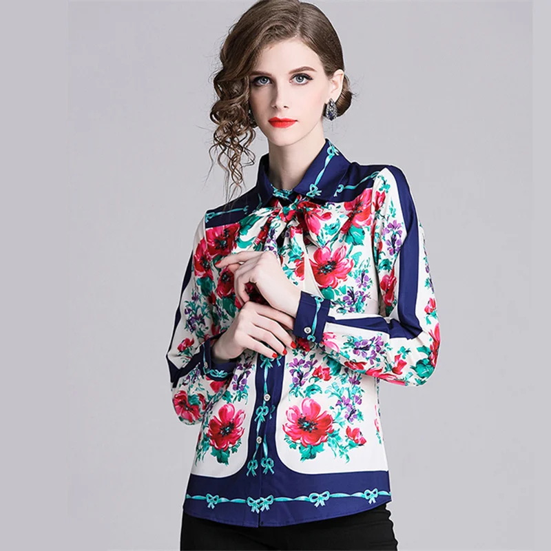 

Blusas Mujer Runway Women Vintage Luxury Peacock Print Blouses Autumn Office Lady Turn-Down Collar Bow Long Sleeve Shirts Tops