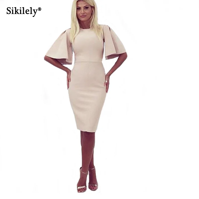 

Sikilely Autumn Work Dress Cloak Sleeve Knee Length Vestido Bodycon Dress O Neck 2019 On Sale Bandage Dress Apricot Black