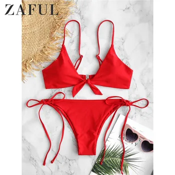 

ZAFUL Knotted String Bikini Set Spaghetti Straps Women Swimsuit Solid Basic Swimwear Lcae Up Summer Bathing Suit Sexy Biquini