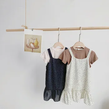 

Toddler Girls Clothing Sets Summer Solid Color Short-sleeved T-shirt + Wave Point Strap Dress Korean Kids Clothes Baby Girl Suit