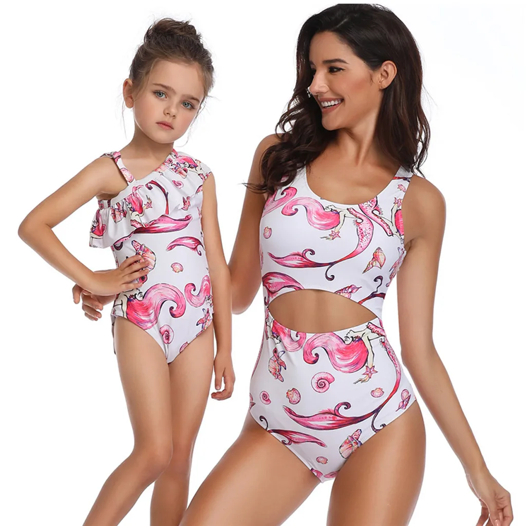 

mother daughter swimsuit cartoon print flamingo bikini mommy and me clothes Bikini high waist mom baby matching oufits mum baby