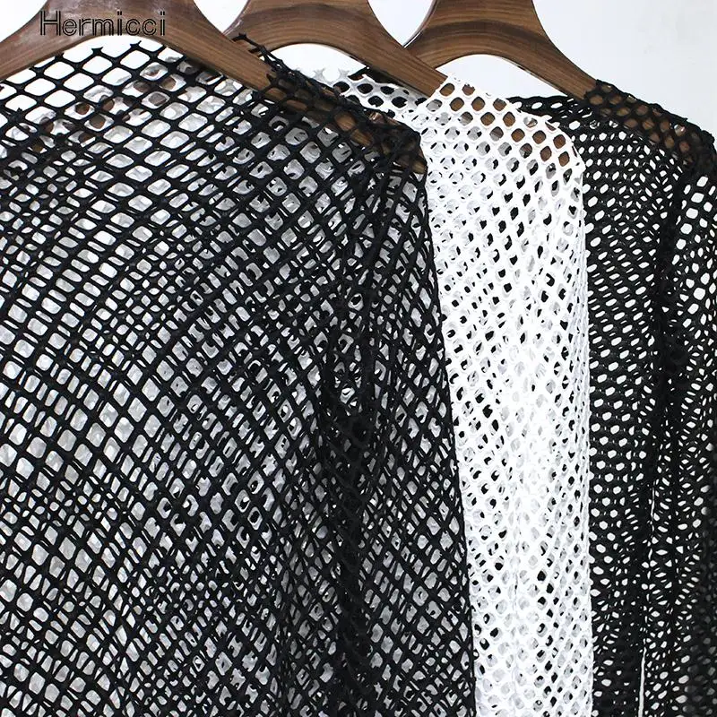 

Hermicci Fashion Women's Sexy Black See Through Transparent Hollow Mesh Shirt Loose T-shirt Long Sleeve Sheer Slim Basic Tops