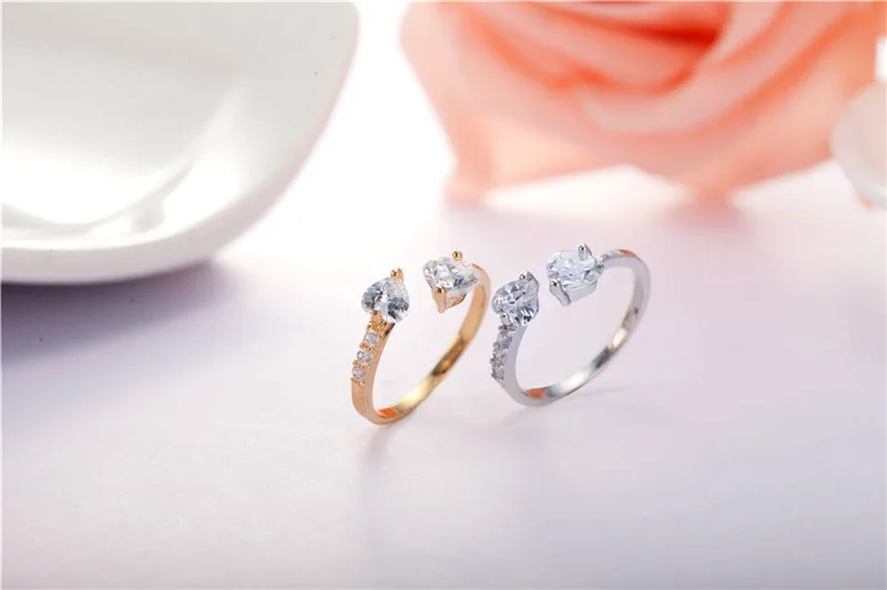 Double Hearts Of Love Wedding Rings For Women Gold Color Silver Color Jewelry Crystal Open Rings Female Anel Adjustable Size R78 (8)