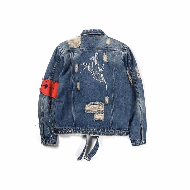 DARK ICON Gesture Embroidery Front Zipper Destroyed Jeans Jacket Men High Street Ripped Denim Jackets Men's Jacket DARK ICON Gesture Embroidery Front Zipper Destroyed Jeans Jacket Men High Street Ripped Denim Jackets Men's Jacket