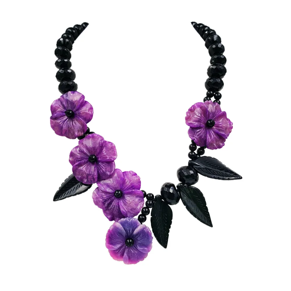 

Lii Ji Natural Stone Black Agate,New Jade Leaf ,Dye Sugilite color Jade Flowers Handmade Necklace