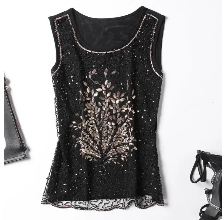 Tanque para Mulheres Verão Novo Tops Sexy Lace Lantejoulas Bordados Magro Lady Camisetas Elegante Outwear Tamanho Grande 4xl 2020 2 High Quality Moda Feminina