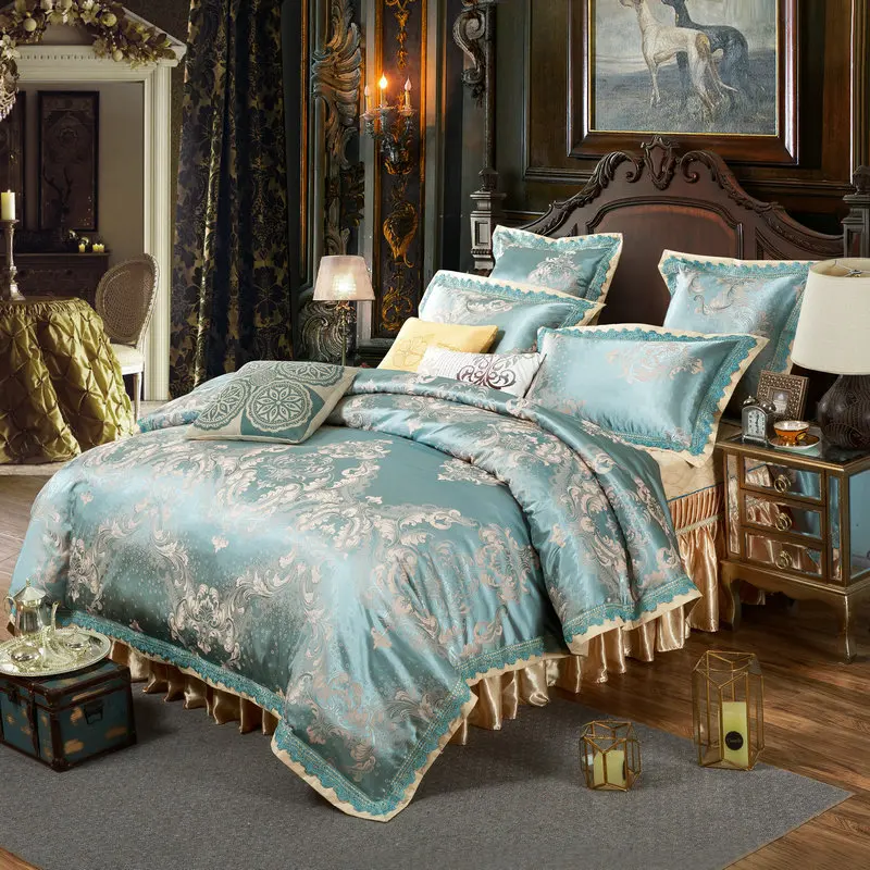 

Blue European Jacquard Bedding Silk Cotton Blend Queen King Size 4/6/7pcs Duvet Cover Bedskirt Sheet Pillow Case