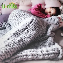 U-miss Fashion Hand Chunky Wool Knitted Blanket Thick Yarn Merino Wool Bulky Knitting Throw Blankets