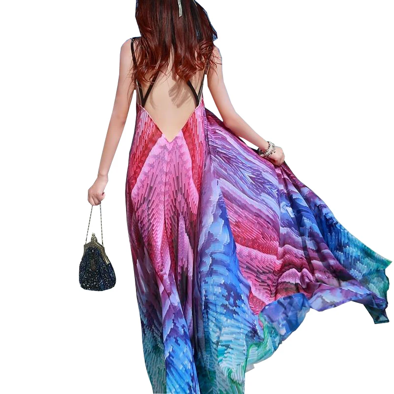 

Sherhure Women Dress Vintage Vestidos Bohemian Women Maxi Dress Sexy Backless Peacock Printing Long Dress Boho Beach Dress