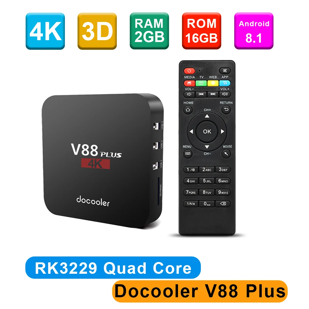 

Docooler V88 Plus TV BOX Android 8.1 TV Box RK3229 Quad Core 4K Box 2GB16GB Miracast DLNA WiFi LAN HD Media Player for Smart TV