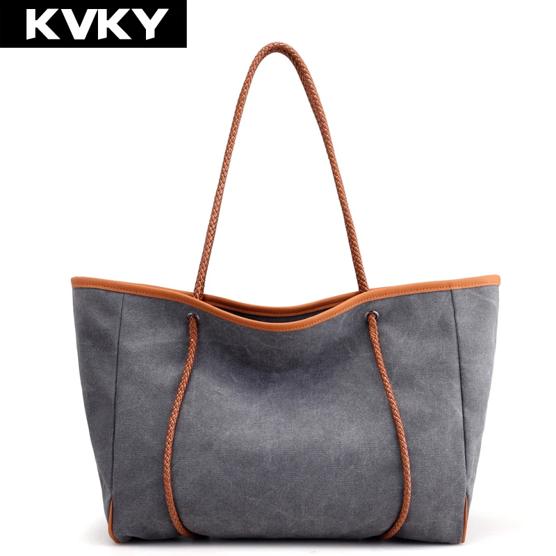 

KVKY Brand Fashion Women Canvas Handbags Casual Woman Shoulder Bags High Quality Female Beach Shopping Bags Ladies Totes Bolsas