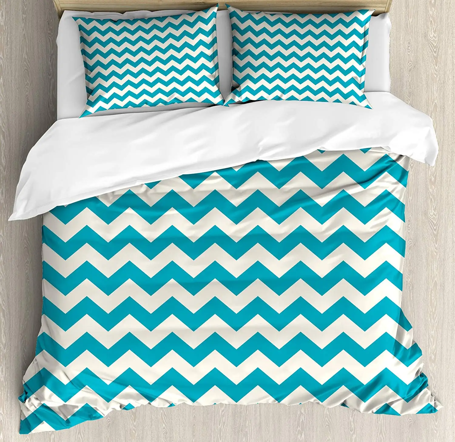 Seafoam Duvet Cover Set, Abstract Geometric Stripes with Chevron Zigzag