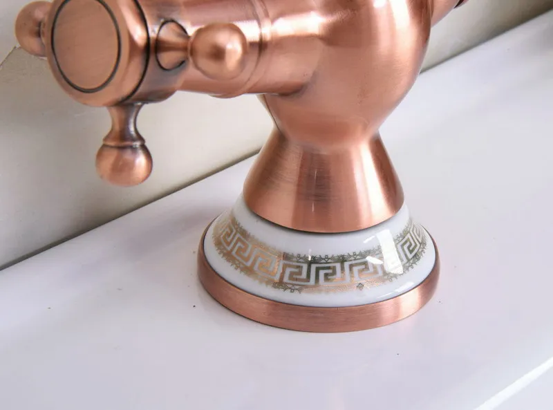 Antique Red Copper Brass Dual Cross Handles Bathroom Kitchen Basin Sink Faucet Mixer Tap Swivel Spout Deck Mounted mnf622