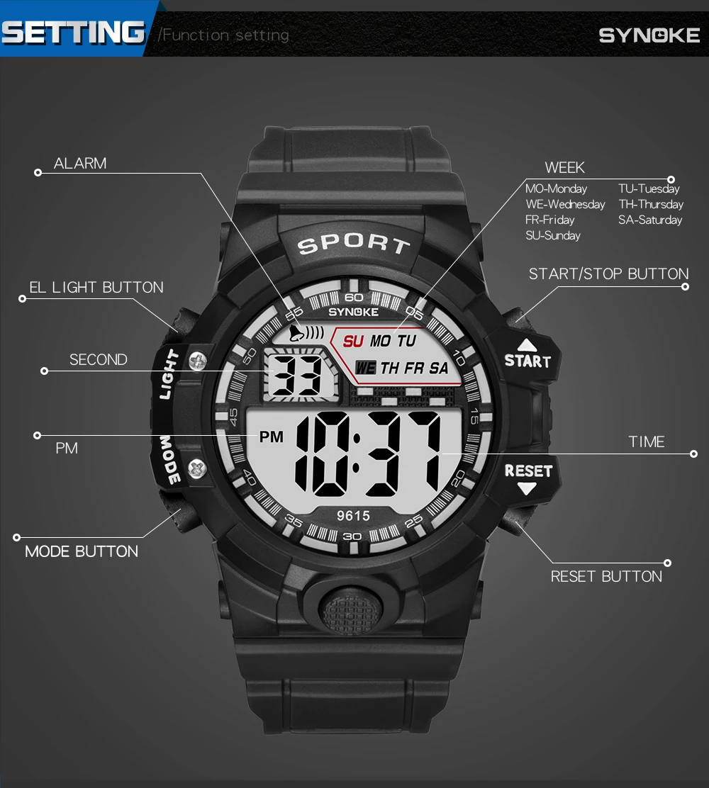 SYNOKE уличные спортивные часы мужские часы с будильником 3 бар водонепроницаемые военные часы светодиодный дисплей ударные цифровые часы reloj hombre