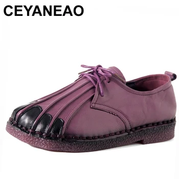 

CEYANEAOWomen Flats Genuine Leather Vintage Women shoes Round toe Lace-Up Hand-Sewing Shoes Soft Comfort Casual Shoes Woman Loaf