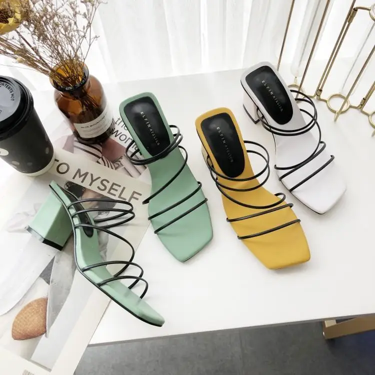

Narrow Band Black Leather Cut-outs Women Sandals Sweet Green Yellow White Sole Ladies Shoes Brand Designers Chunky Heels Zapatos