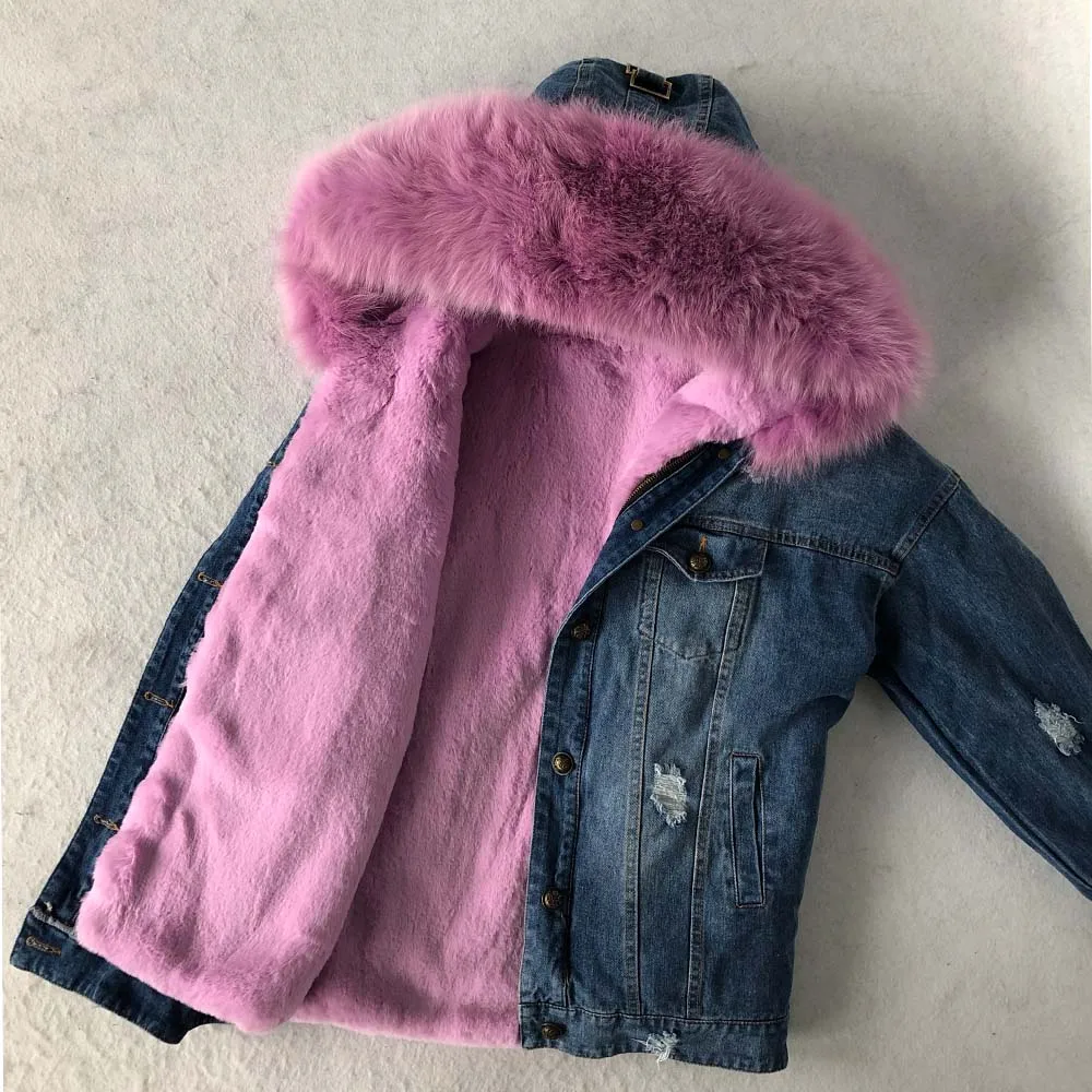 Women Denim Jacket With Fur hood Women Autumn Winter Denim Jacket Warm Upset Jacket Vintage Long Sleeve Loose Jeans Coat Outwear - Цвет: lavender