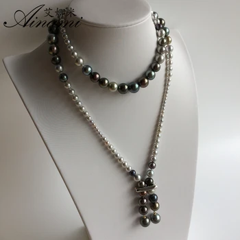 

[Ainami] Akoya pearl & Tahitian pearl 4-11cm size Sweater Chain 88cm Necklace 925 Silver botton Jewelry for Dress Long Necklace