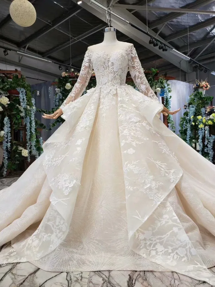 As picture Vestido De Noiva прозрачный сзади длинные рукав с накладной аппликацией Бисероплетение бальное платье с жемчужинами Роскошная свадебная одежда реальные фотографии - Цвет: As picture