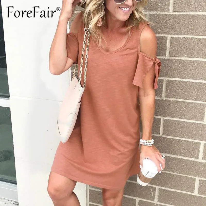 

Forefair Plus size Summer t shirt Dress 2019 women casual shift dresses off shoulder short sleeve v neck mini ladies dress