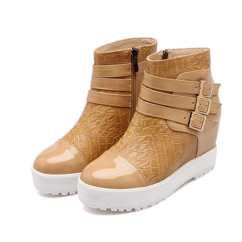 

Punk Lady Autumn Shoe PU leather Buckle Woman Ankle Boot Round Toe Wedge High Heel Female Motorcycle Boot Size 34-39