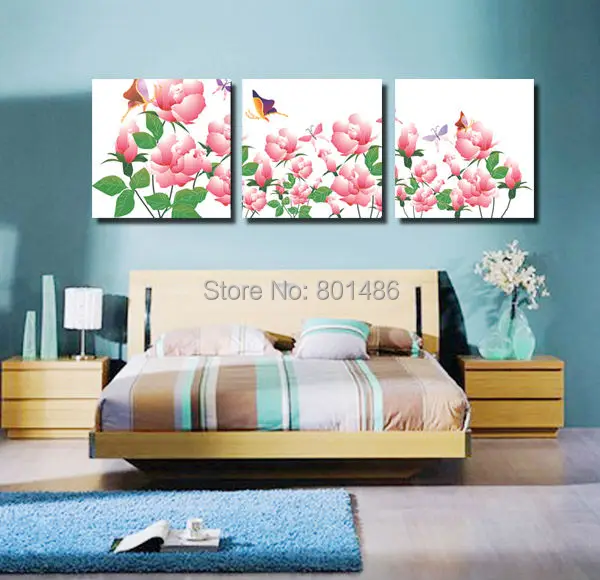 3 Piece Custom Modern Wall Painting Pink Flower And Erfly Print 3 Piece Custom Modern Wall Painting Pink Flower And Erfly Print On Canvas For Living Room