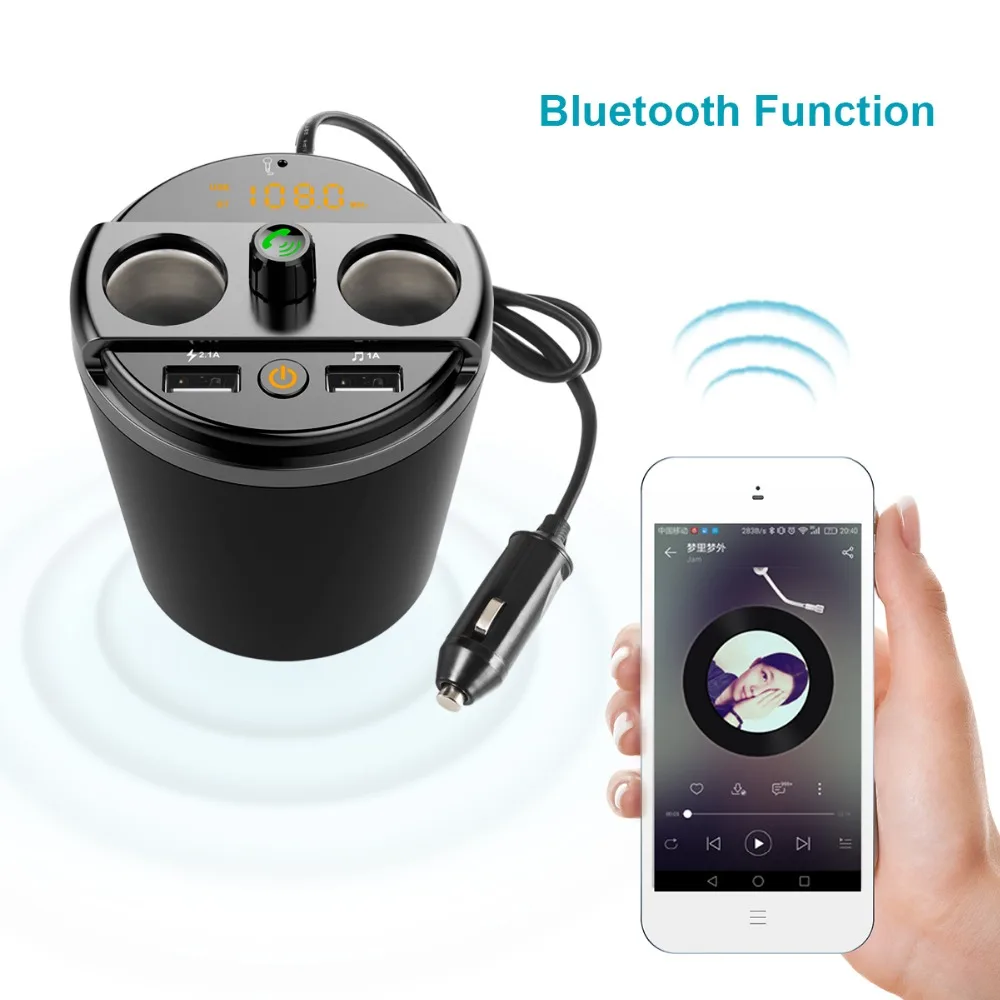 Siparnuo Bluetooth fm transmitter USB Car Charger Voltage Current DisplayCar Cup Holder Car Cigarette Lighter Socket Adapter