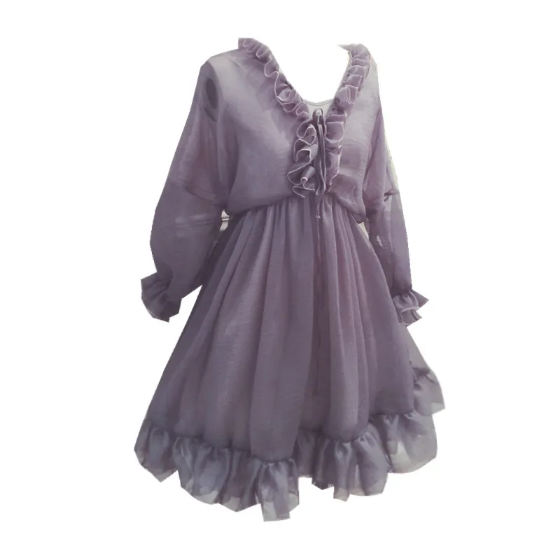 Летнее серое фиолетовое синее шифоновое Сетчатое платье лолиты с короткими рукавами платье оригинального дизайна - Цвет: purple