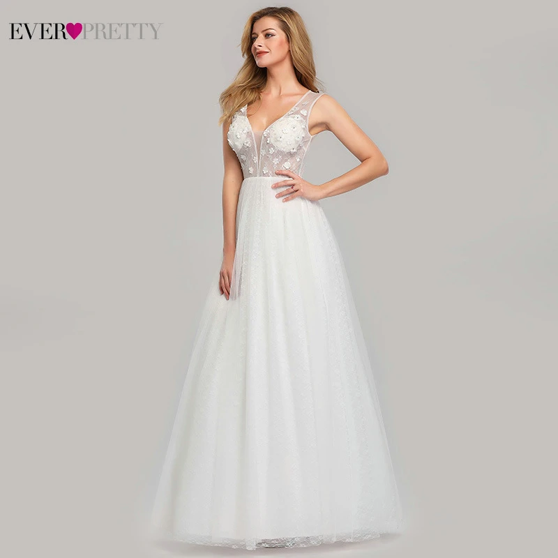 Ever Pretty White Wedding Dresses Deep V-Neck Appliques Sexy Illusion Lace Wedding Gowns For Bride EZ07834CR Porte Nom Mariage