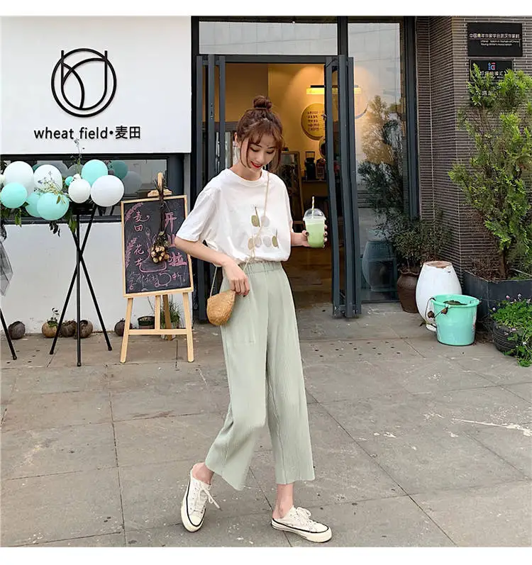 

Two-piece female student summer 2019 new Korean short-sleeved T-shirt + high waist nine pants
