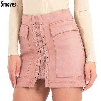 Smoves Women's Vintage High Waist External Pocket Tight Suede Lace Up Skirt Autumn Winter Thick Pencil Skirt Preppy Mini Skirt