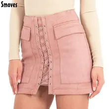 Smoves Women’s Vintage High Waist External Pocket Tight Suede Lace Up Skirt Autumn Winter Thick Pencil Skirt Preppy Mini Skirt