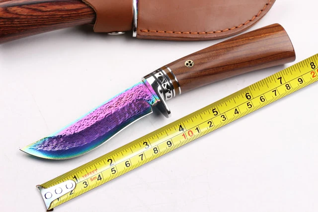 Newest!! Colorful Titanium Damascus Collection Fixed Blade Knife,Yellow Sandal Handle Hunting Knife,EDC Tactical Knives Tools