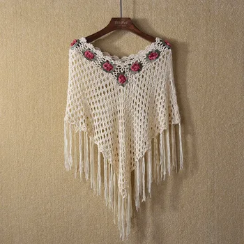 

Women Beige Hollow Out Summer Beach Cover Up Kimono Fringes Tassels Thin Coat