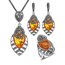 2016 Recién Llegado de Unique Antique Joyería de Plata Plateó el Collar Set Negro Cristal Y Sistemas de la Joyería Para Las Mujeres Faux Ámbar
