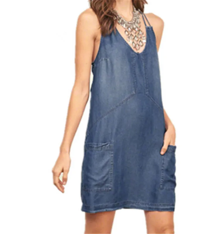 Women Denim Dress Summer Spaghetti Strap V Neck pullover Pockets Sexy