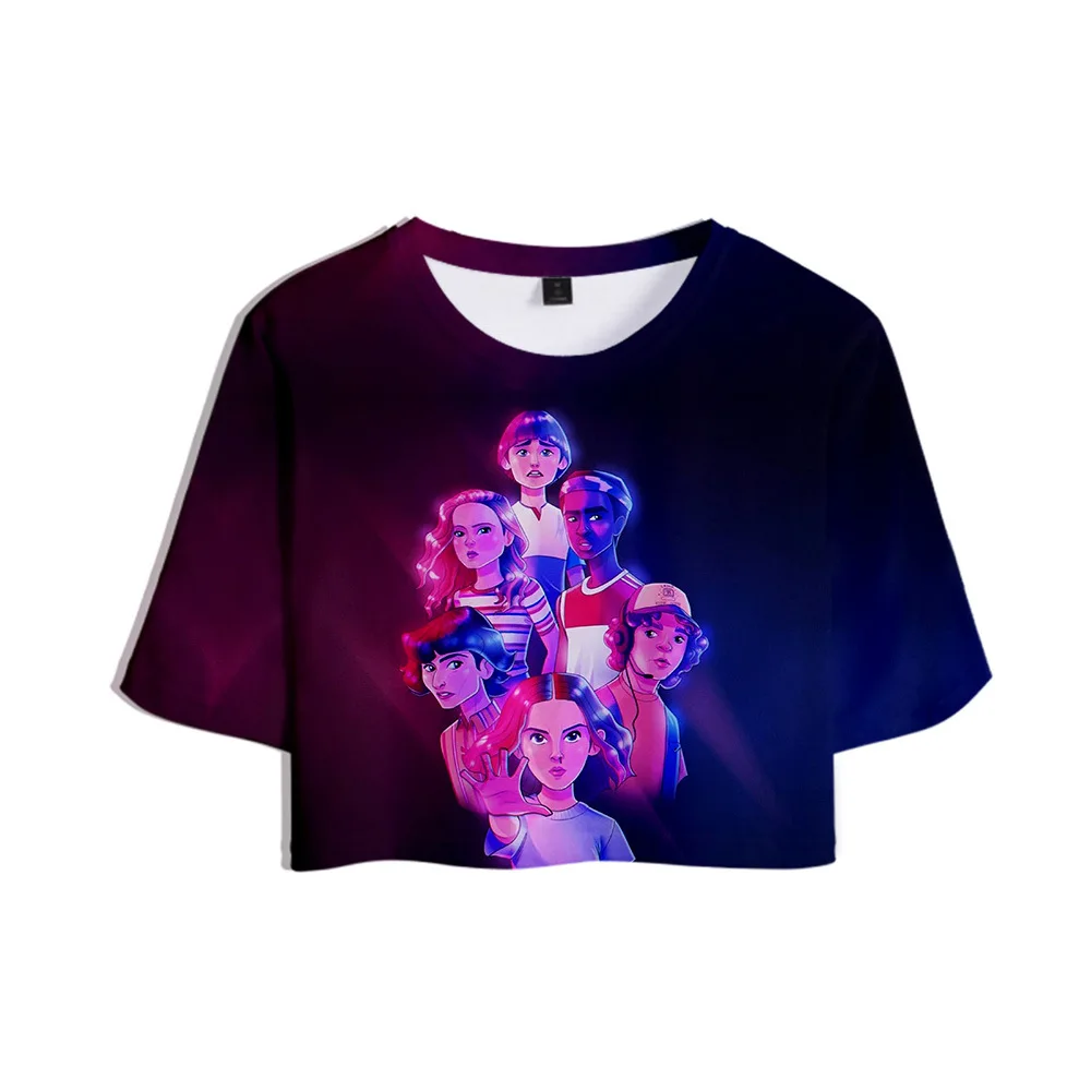 

POP stranger things Sexy Crop Top Ladies Short Sleeve T Shirt 3D printed Copped Top T-shirt Women Tops Fashion Tee Shirt Femme